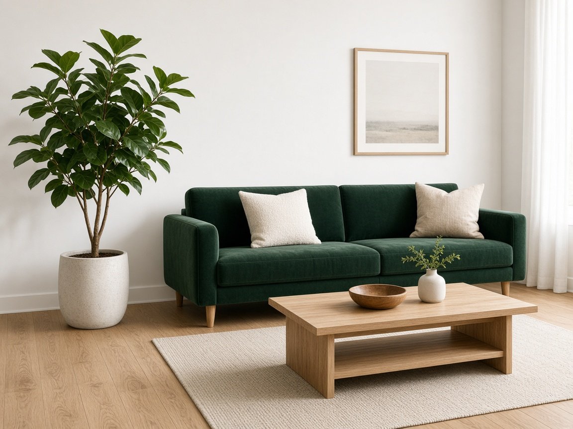 A finished living room with a green sofa