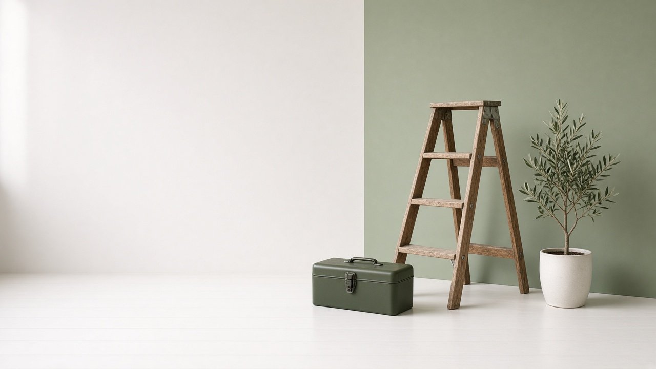 Ladder, toolbox and a plant against a sage wall
